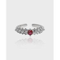wholesale S925 Sterling Silver JA705 Niche Original Design Bone Series Inlaid with Red Zircon Geometric Open Ring for Women-Platinum [No. 14/Adjustable]>Opening adjustable