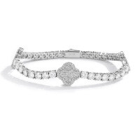 925 Silver Full Moissanite Four-Leaf Clover Bracelet, Women's Minimalist Luxury Design-Moissanite four-leaf clover bracelet  16cm