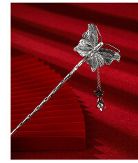 wholesale 999 Sterling Silver Hairpin, Ancient Style Hanfu Hair Stick, Versatile Simple Updo Hair Accessory, Leaf-shaped Silver Hairpin-Vintage butterfly silver hairpin, approximately 21.9 grams, with certificate  999 silver