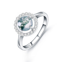 wholesale S925 Sterling Silver Vintage Round Natural Moss Agate Ring 08ct Cross-border-Natural Water Grass Agate Ring  US Size 5 (Domestic Size 11)