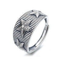 wholesale S925 Sterling Silver Wide Five-Pointed Star Triple Star Unisex Ring, Euro-American Punk Hip-Hop Party Index Finger Ring for Women-B244J/approx. 3.5g Opening adjustable
