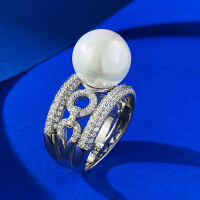wholesale S925 Sterling Silver Full Halo Ring with 12mm Mother-of-Pearl Cultured Bead, Exuding an Elegant and Goddess-like Aura-R896 Pearl Ring Size 5