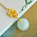 wholesale 925 Silver Gold-Plated with Certificate, Round Drum Surface Jade Pendant, Original Light Luxury Design Floral Inlay Hetian Jade Necklace-0-3