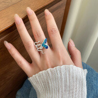 wholesale S925 Sterling Silver Small Fresh Sweet Ins Style Exquisite Asymmetric Enamel Butterfly Spirit Snake Ring R02872-S925 silver ring Adjustable opening