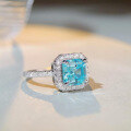 wholesale S925 Sterling Silver Square Full-Drill Ring for Women with Aquamarine High-Carbon Zirconia Pagoda Cut-0-1