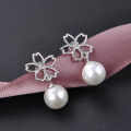 wholesale S925 Sterling Silver Minimalist Floral Diamond-Studded Pearl Earrings, Korean Export Style Elegant Shell Pearl Ear Drops for Women-0-1