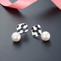 wholesale S925 Sterling Silver Retro Enamel Drop Glaze Black and White Check Earrings, Autumn and Winter New Arrival, Hong Kong Style Vintage Cross-Border New Product-0-3