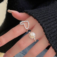 wholesale S925 Sterling Silver Natural Freshwater Pearl Heart Ring for Women, Small and Exquisite, Elegant and Fashionable, Light Luxury Heart-shaped Finger Ring-Heart model (opening + whole body sterling silver)