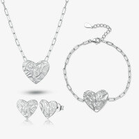 wholesale 925 Sterling Silver Heart Texture Stud Earrings Set, Ins Style Small and Minimalist Valentine's Day Gift Necklace Bracelet Set-Heart Texture Set 925 Silver