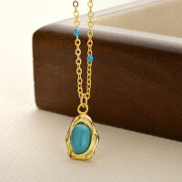 wholesale Metal French Bohemian Turquoise Necklace, Unique Fashion Retro Niche High-end Ellipse New Chinese Style-xb152-gold