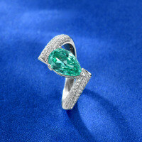 wholesale 18K White Gold New Waterdrop Paraiba 7*11 Ice Cut 15 Carat Halo Diamond Cluster Ring forIns Style-Paraiba Green 7*11【R-2372】>No.7