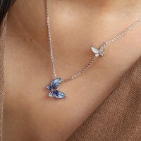 wholesale S925 Sterling Silver New Blue Luminescent Dynamic Butterfly Necklace for Women Ethereal Butterfly Light Luxury Collarbone-BX0498-White Gold 925 Silver