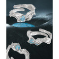 wholesale S925 Sterling Silver 847 Original Niche Design New Chinese Style Irregular Crease Texture Aquamarine Open Adjustable Ring for Women-0-1