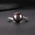 wholesale S925 Sterling Silver Natural Black Freshwater Pearl Ring, Fashionably Luxurious and High-End Set with 9mm Bread-Shaped Pearl-0-0