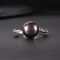 wholesale S925 Sterling Silver Natural Black Freshwater Pearl Ring, Fashionably Luxurious and High-End Set with 9mm Bread-Shaped Pearl-Natural Black Freshwater Pearl Ring  US Size 6