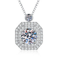 S925 Sterling Silver Moissanite Full-Drill Square Pendant Necklace, Wholesale-High carbon stone + box chain  925 silver