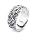 wholesale S925 Sterling Silver Retro Antique Engraved Mantra Pattern Wide Adjustable Ring-0-4