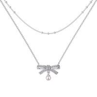 wholesale S925 Sterling Silver Cross-Border Women's Necklace, Exquisite and Sophisticated Bow Pearl Double-Layer Chain Design, Versatile Statement Piece-Platinum DY190897-SW-WH 925 Silver