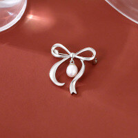 wholesale S925 metal cross-border badge best-selling bow brooch pearl jewelry wholesale high-end niche accessories autumn winter-Bow brooch