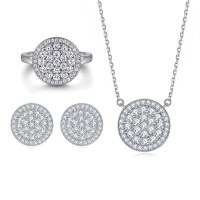 wholesale 925 Sterling Silver Zirconia Row Round Disk Ring Necklace Women Small Design Sense Stud Earrings Jewelry Set 3 Pieces-Ring TL-264 + Earrings TLED086 + Necklace TLXL103  US Size 6#