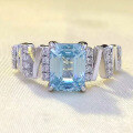 wholesale S925 silver new 6*8mm rectangular flat-cut aqua blue square ring for women, fashionable, simple, and elegant-0-0