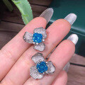 wholesale Metal S925 Sterling Silver, Aquamarine 7*7mm Radiant Cut Luxury Full Diamond Extravagant Floral Earrings Ear Clips for Women-0-2