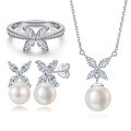 wholesale S925 Sterling Silver Women's Jewelry Set, European and American Style Butterfly Ring, Natural Mother-of-Pearl Earrings, Four-Leaf Clover Pearl Necklace, Niche-0-0
