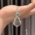 wholesale 925 Sterling Silver New Chinese Style High Ice White Glass Type Slightly Included Gourd "Fu Lu" Pendant Necklace for Women with Vivid Green Top Bead-0-1