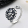 wholesale S925 Sterling Silver Vintage Matte Lotus Leaf and Blossom Adjustable Ring, Chinese Style National Trend-0-2