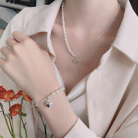 wholesale S925 Sterling Silver Crushed Silver Spliced Pearl Heart Pendant Necklace Bracelet Set, Elegant and Light Luxury Style for Women-516LD/bracelet about 14.6g 925 silver
