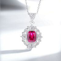 S925 Silver Necklace with Ruby and Cubic Zirconia Pendant-Red Corundum - XL110  Single Pendant