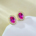 wholesale 925 Silver Plated Gold 1-carat Oval Pink Cubic Zirconia Earrings, Simple and Stylish, Versatile for Resale-0-1
