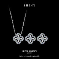 S925 Silver Four-Leaf Clover Necklace and Earring Set with Moissanite, Celebrity-Inspired Design.-S925 Sterling Silver Moissanite Set  925 Silver