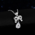 Sterling Silver Natural Blue Topaz Moissanite One-Carat Bow Drop Pendant Necklace-0-2