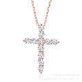 wholesale 925 Sterling Silver Plated with 18K Gold Cross Pendant Necklace for Women, Set with 11 Pieces of 10-Point D Color Moissanite, Cross-Border Wholesale-0-4
