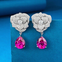 wholesale S925 Silver Full-Diamond New Camellia 9*11 Rose Flower Earrings for Women, Exquisite and Versatile Style-E448 Rose Red Diamond 925 Silver
