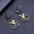 wholesale S925 sterling silver earrings with original design "Paradise of Birds", inlaid with natural topaz and garnet, black-0-2