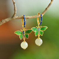 wholesale 925 Silver Cold Enamel Butterfly Hetian Jade Earrings with Certificate, Palace Retro Style Hanfu Cheongsam Ear Accessories-Cold Enamel Butterfly Sapphire Earrings>925 Silver