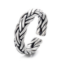 wholesale S925 Sterling Silver Retro Distressed Handmade Four-Strand Braided Rope Twist Design Open Ring-634JS/approx. 5.2g Adjustable opening