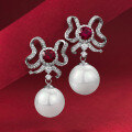 wholesale 25 silver new bow-shaped inlaid ruby and sapphire earrings with 13mm pearl for women-0-5