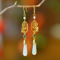 wholesale 925 silver with natural Hetian jade, manufacturer wholesale new Chinese-style precious as ever long drop earrings, Chinese-style ear accessories-Hetian jade precious as new long drop earrings