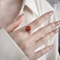 wholesale S925 Sterling Silver Retro Oval Red Agate Inlaid Ring Trendy Versatile Statement Ring-1165FJ/approx. 3.3g Adjustable opening