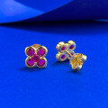 wholesale S925 Sterling Silver New Style 30 Red Diamond Four-Leaf Clover Gold Small Flower Ear Studs Elegant and Graceful Live Cross-Border-0-2