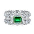 wholesale S925 Sterling Silver Women's Green Diamond Inlaid European and American Luxury Geometric Double Row Full Diamond Ring Wholesale and Drop Shipping-0-2