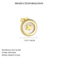 wholesale S925 Sterling Silver Round Vintage Button Earrings with Inlaid White Shell, Luxury Advanced Style, Cross-Border Wholesale-YE0206_White Shell_18K Yellow Plated_Pair_With Small Flower Ear Cap 925 Silver