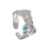 wholesale S925 Sterling Silver 177 Original Niche Design Minimalist Irregular Textured Colorful Zircon Open Ring for Women-Platinum [No. 14/Adjustable]>Opening adjustable