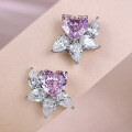 wholesale 925 silver jewelry, heart-shaped stud earrings with halo setting of fancy color diamonds and pink diamonds, 8*8 size, light luxury elegant earrings with a high-end feel-0-2
