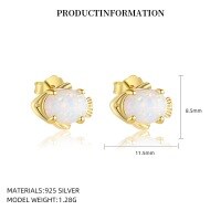 wholesale S925 Sterling Silver Cross-border Ocean Style Opal Cat's Eye Sea Turtle Stud Earrings, Wholesale-YE0198_Synthetic Opal_18K Yellow Plated_Pair_With Small Flower Ear Caps 925 Silver