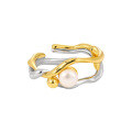 wholesale S925 Sterling Silver Novel Small Niche Personalized Two-Tone Plated Irregular Openwork Inlaid Freshwater Pearl Adjustable Ring for Women-0-6