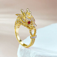 wholesale S925 Gold-Plated Silver Ring Chinese Trendy Gold Dragon Majestic Dragon Head Ring Dragon and Tiger Spirit Zodiac Year Wearable Dragon Ring for Drop Shipping-R954 Gold Dragon Ring Size 5